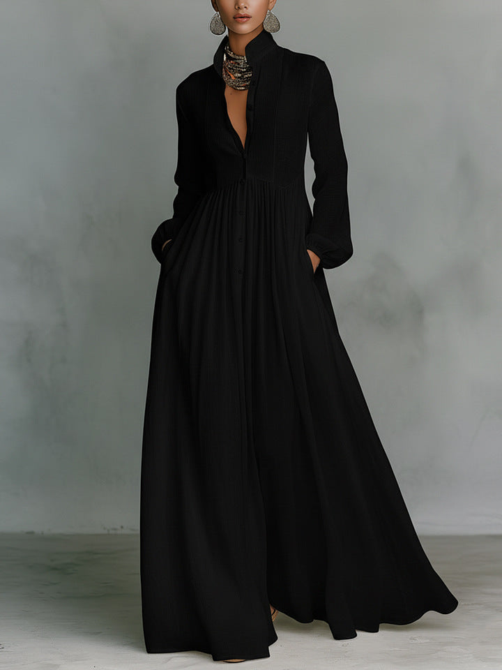 Elegant Vintage Maxi Dress Long Sleeve A-Line Button Down