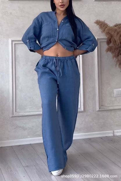 Women's Linen Shirt and Wide Leg Pants Matching Set