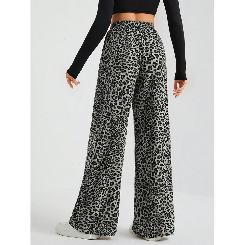 Leopard Print Wide Leg Pants High Waist Pocket Casual