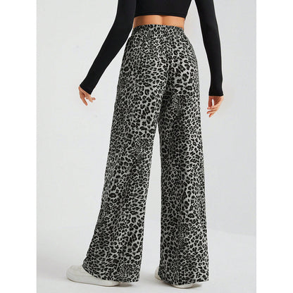 Leopard Print Wide Leg Pants High Waist Pocket Casual
