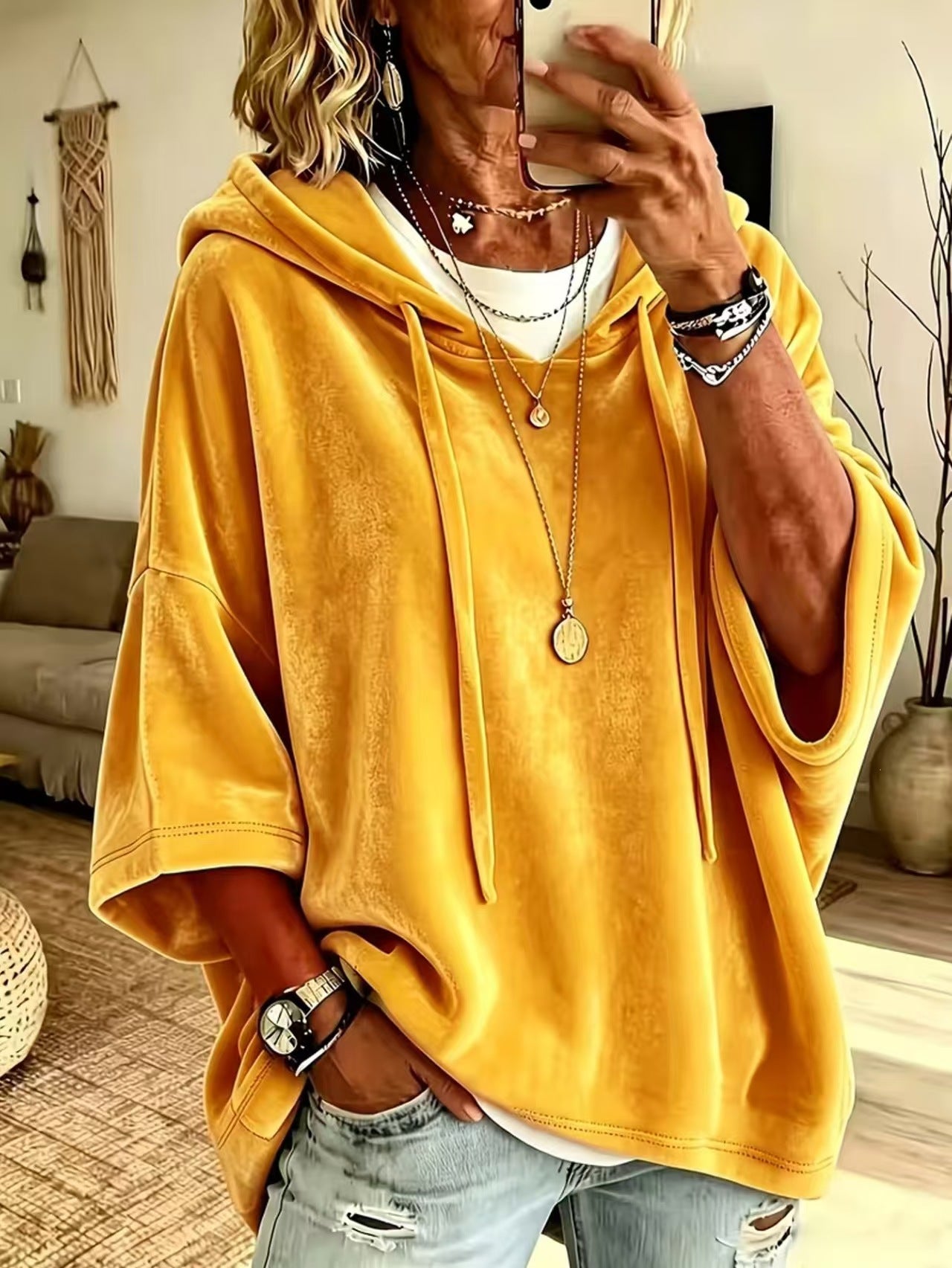 Women’s Velvet Hooded Poncho Top Oversized 3/4 Sleeve