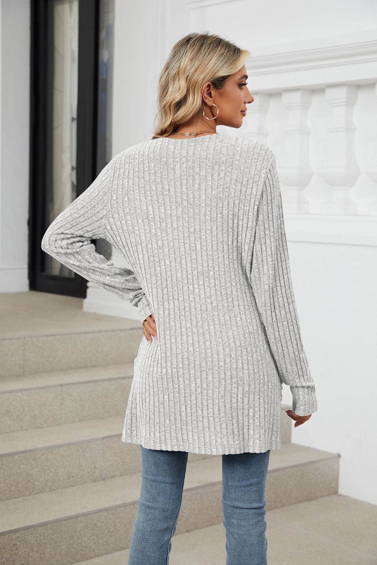 Simple Pocketed Long Sleeve Cardigan Knit Top
