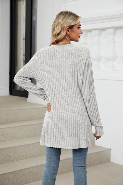 Simple Pocketed Long Sleeve Cardigan Knit Top