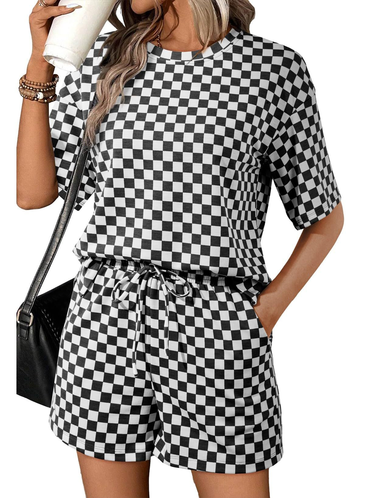 Rose Red Checkerboard Tee and Drawstring Shorts Set