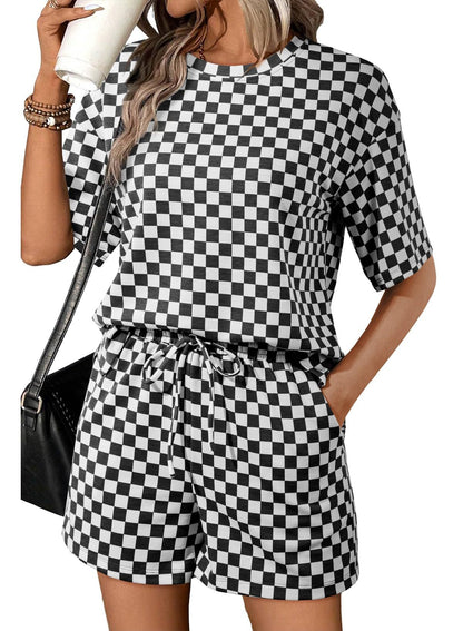 Rose Red Checkerboard Tee and Drawstring Shorts Set