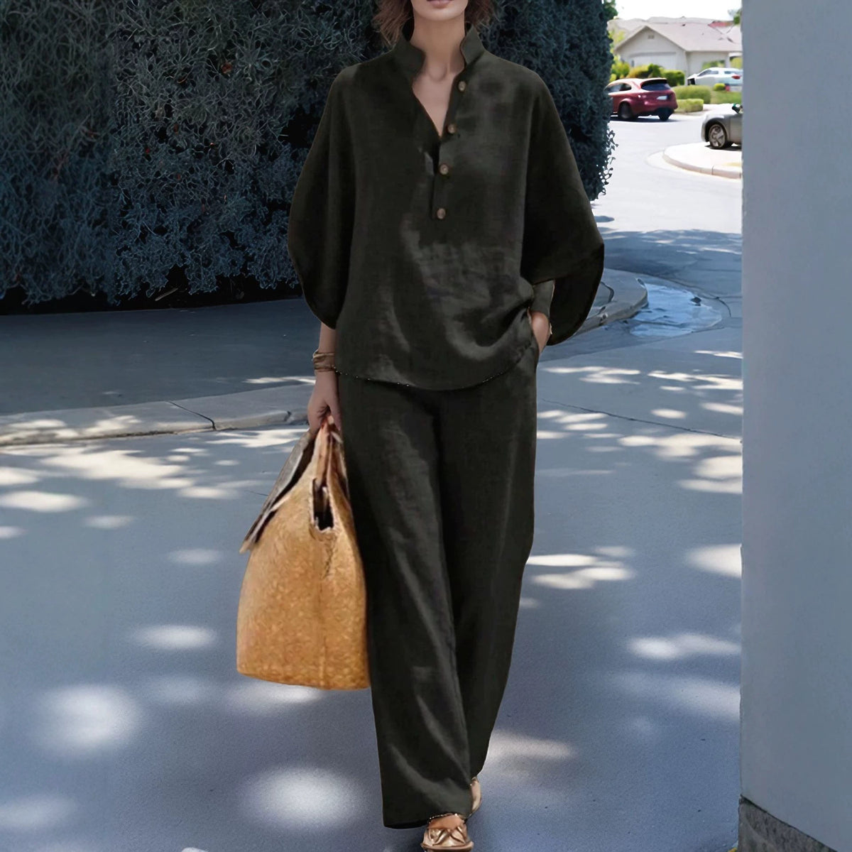 Women's Casual Two Piece Collared Shirt Wide Leg Pants Set