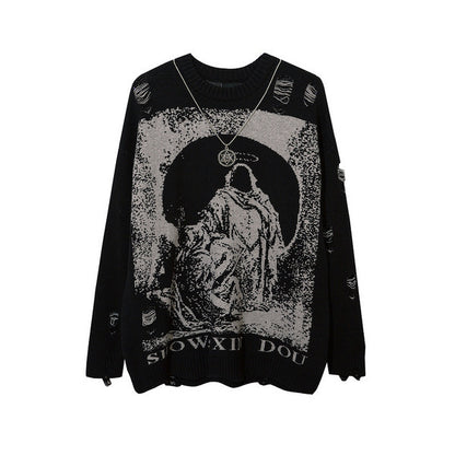 Oversized Gothic Distressed Crewneck Sweater