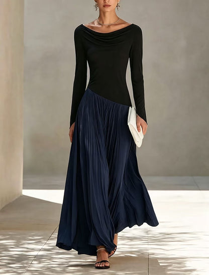 Cowl Neck Colorblock Long Sleeve Pleated Maxi Dress