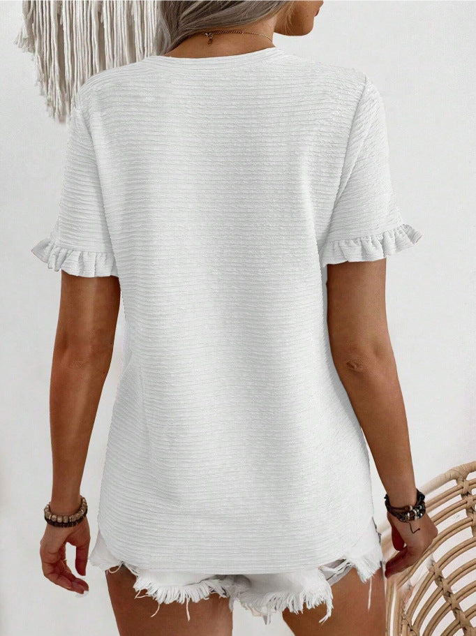Women’s Ruffle Sleeve Textured Round Neck Casual Top
