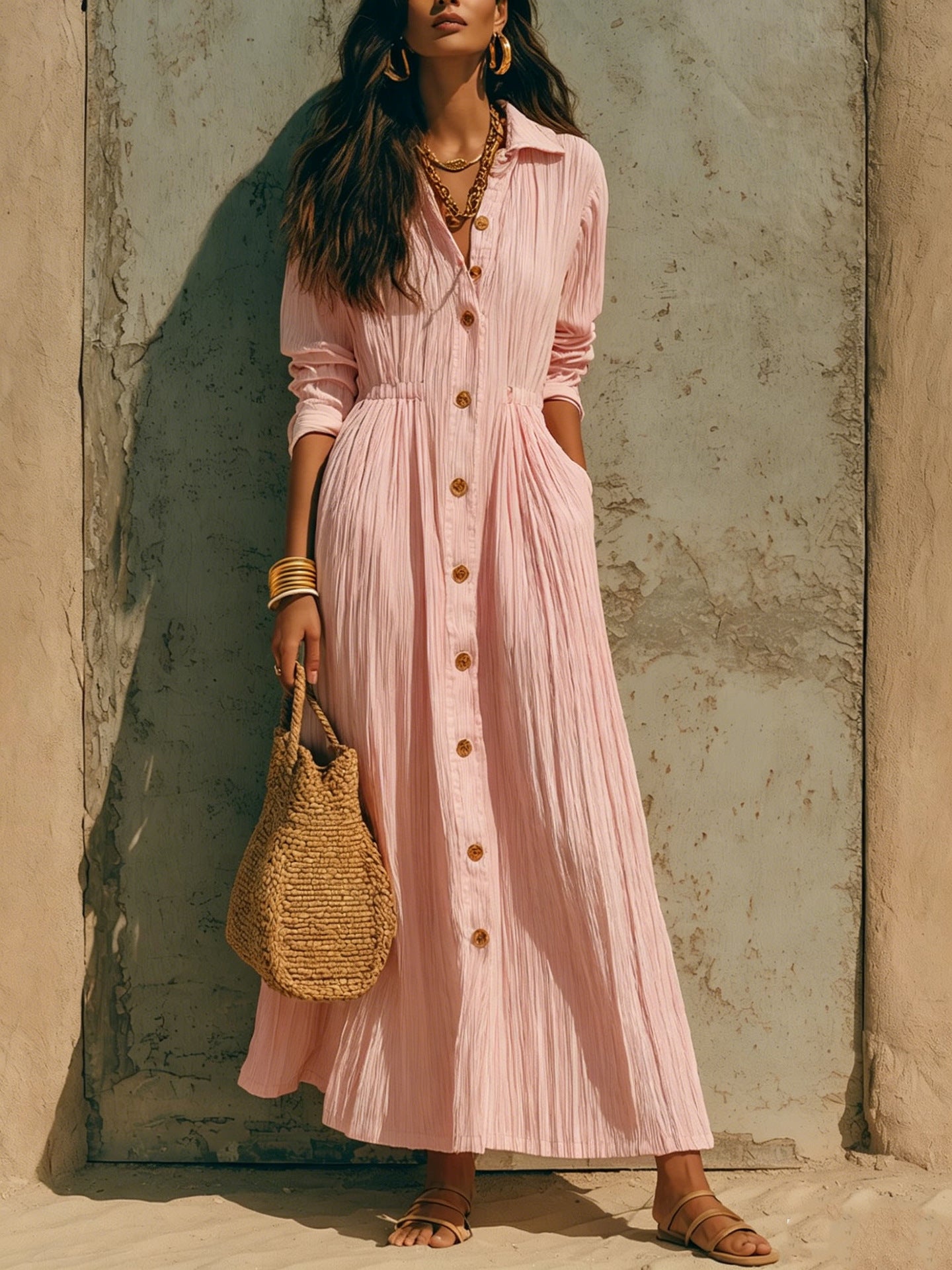 Women's Long Sleeve Maxi Shirt Dress Button Front Pockets