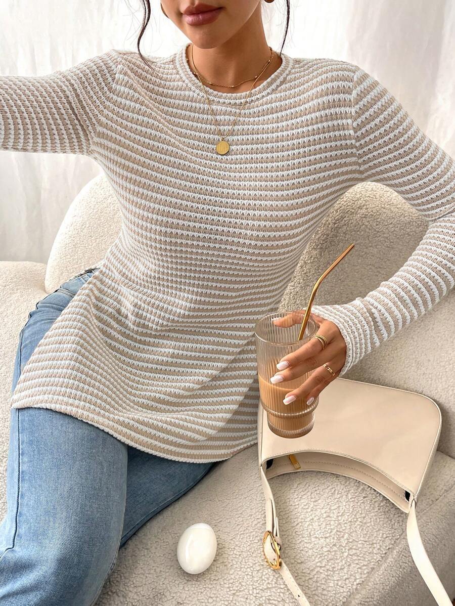 Striped Ribbed Knit Long Sleeve Side Slit Casual Top