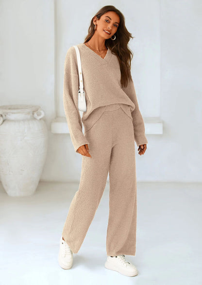 Women's V Neck Knit Two Piece Lounge Set Wide Leg Pants