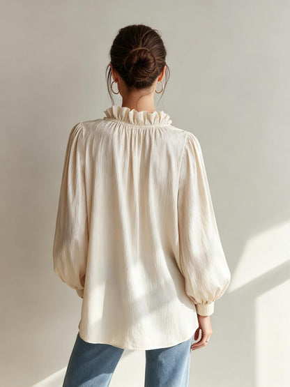 Solid Crinkle Blouse Ruffle V Neck Long Sleeve Top