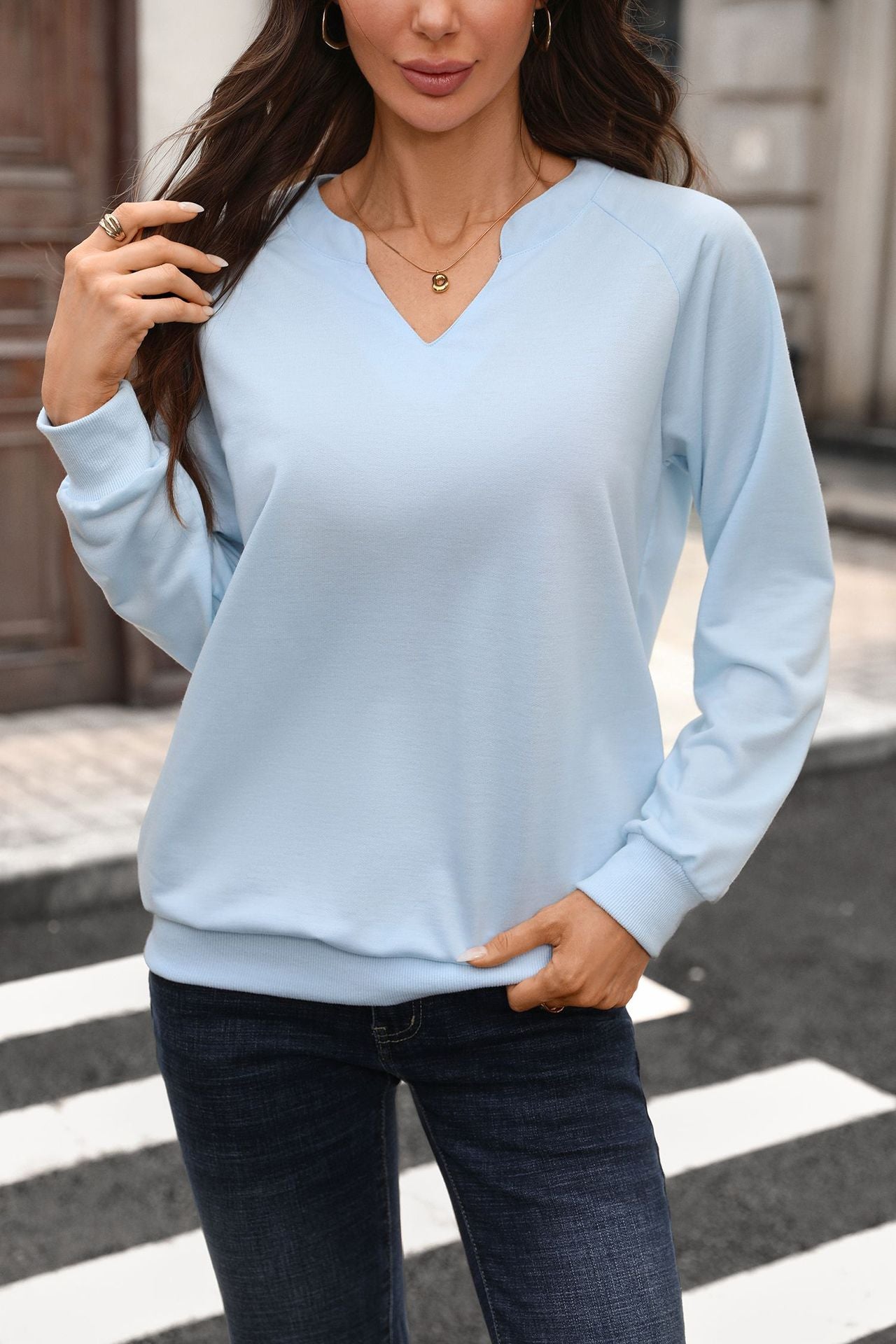 Solid V Neck Sweatshirt Oversized Ribbed Pullover