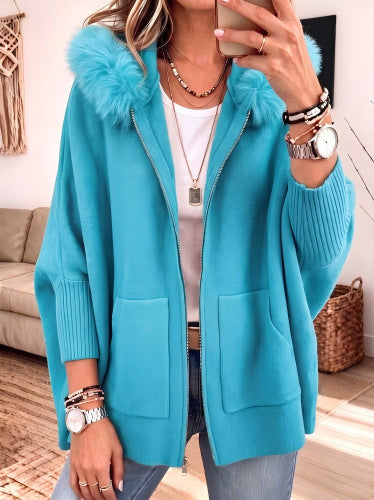 Women's Oversized Faux Fur Collar Zip Up Knit Hooded Jacket