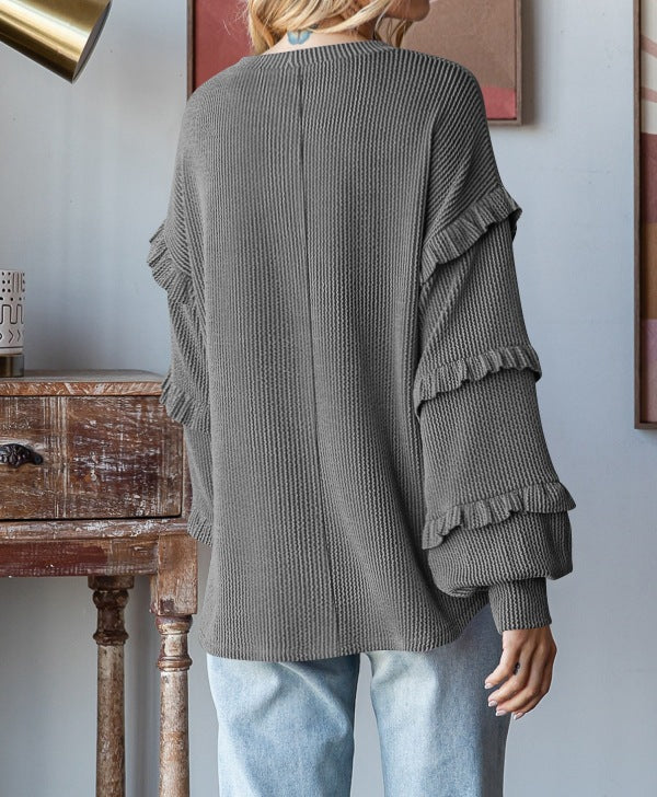 Lantern Sleeve Lace Round Neck Top