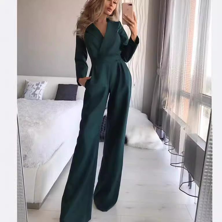 Women's Long Sleeve Blazer Jumpsuit Wide Leg Workwear