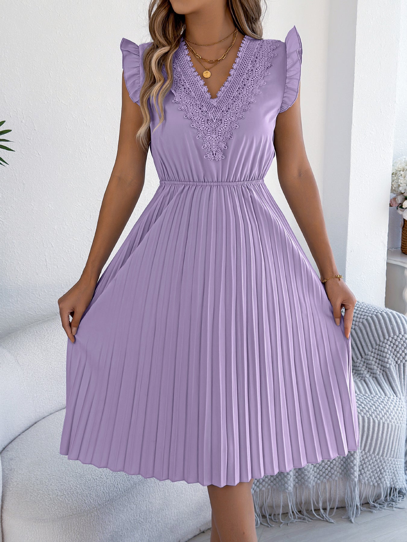 Lace V Neck Pleated Midi Dress with Ruffle Sleeves