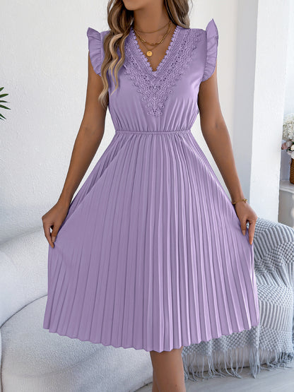 Lace V Neck Pleated Midi Dress with Ruffle Sleeves