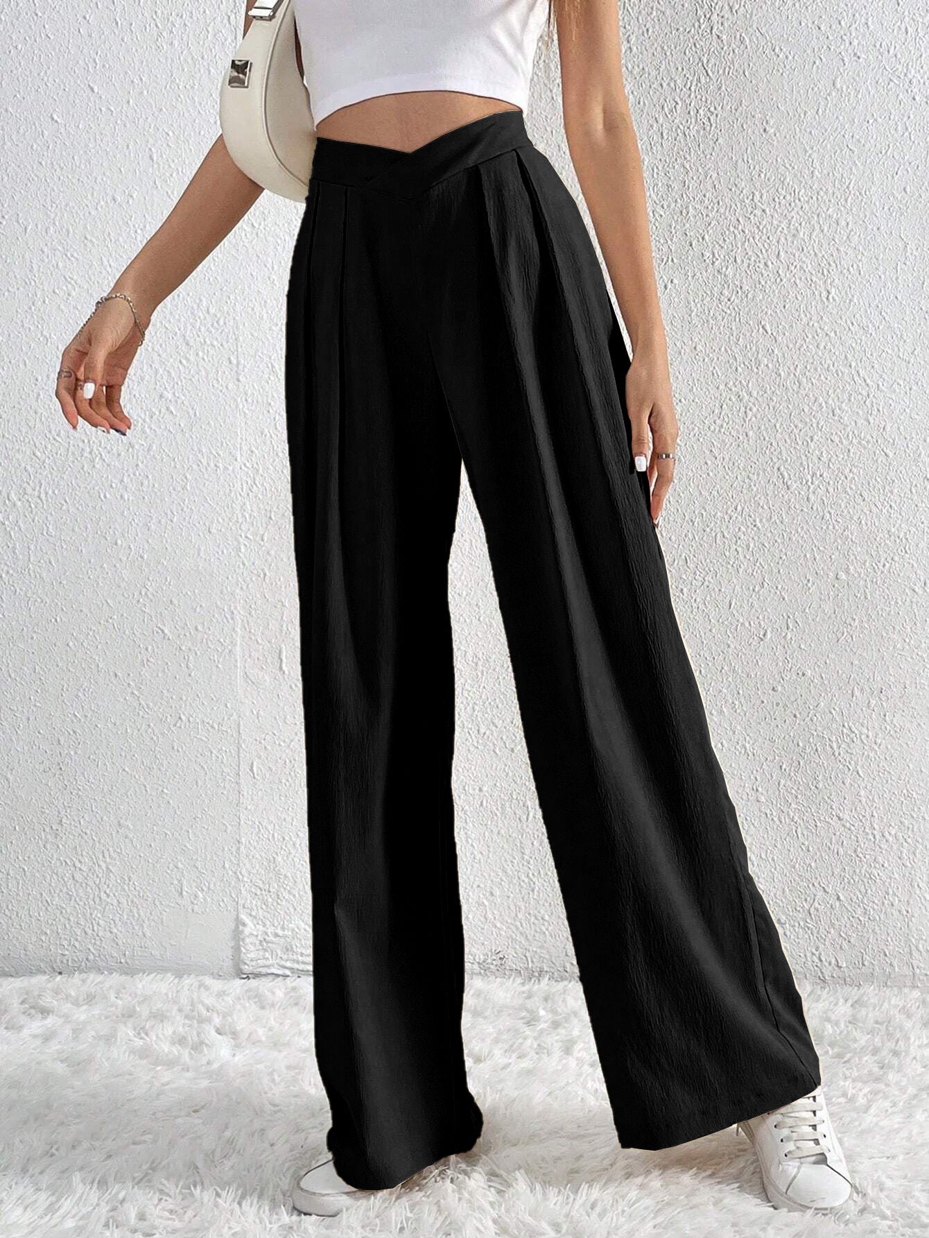 Pleated Wide Leg Pants Asymmetric Waist Trousers
