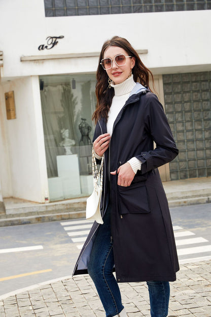 Women's Long Hooded Rain Jacket Waterproof Lightweight Coat