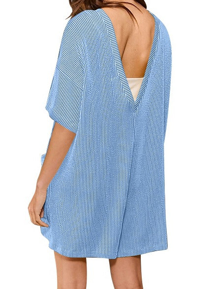 Loose Pocket Back V-Neck Short-Sleeve Jumpsuit