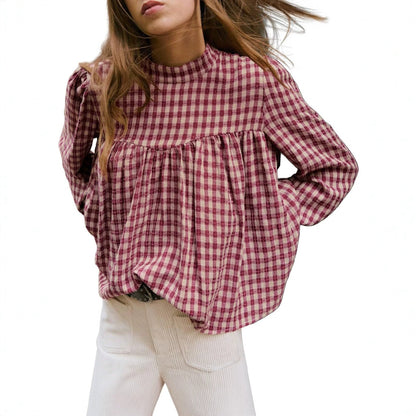 Women's Plaid Mock Neck Babydoll Long Sleeve Top