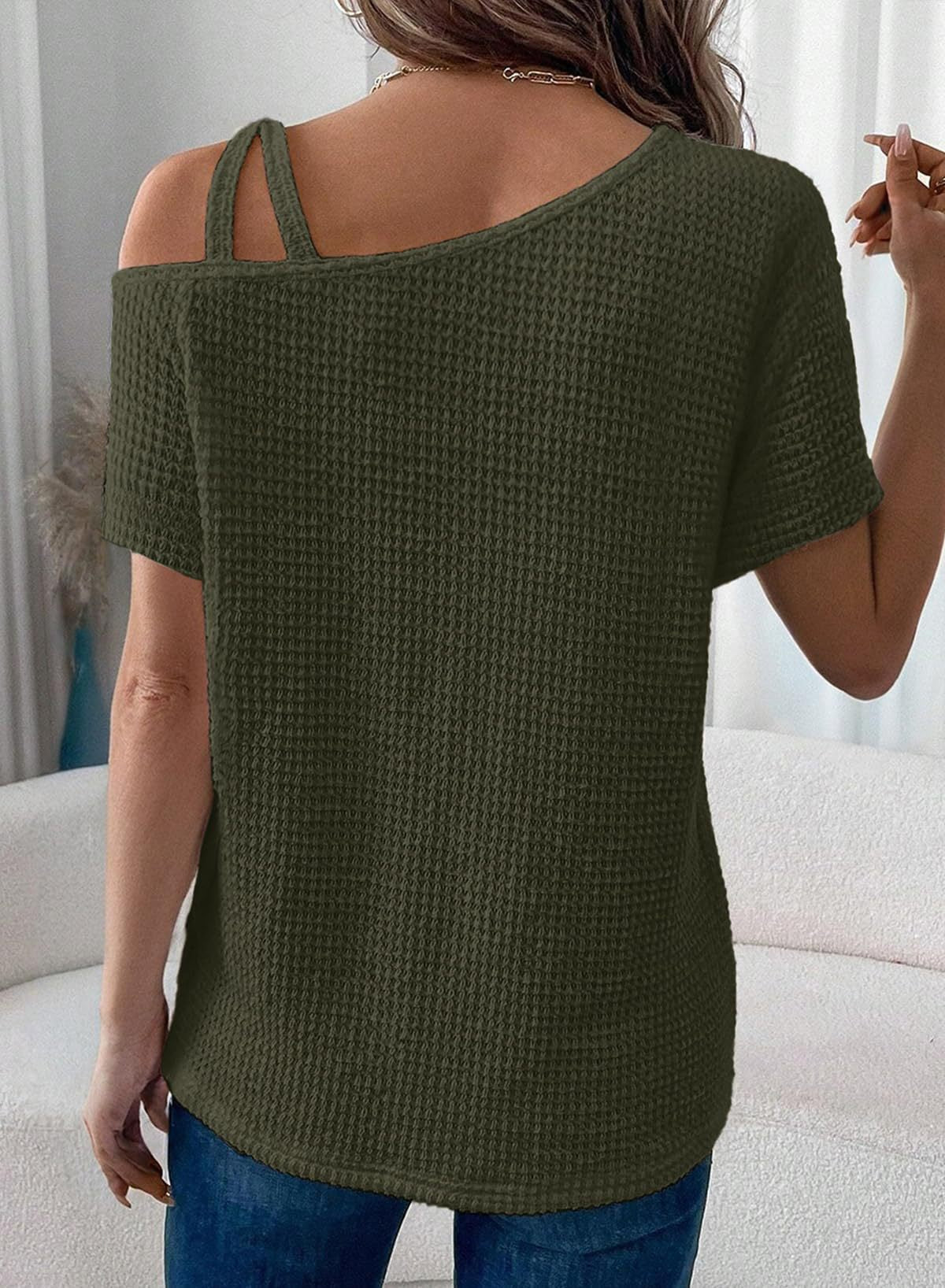 Women's Off-Shoulder Knit Top – Casual Summer Short Sleeve Blouse
