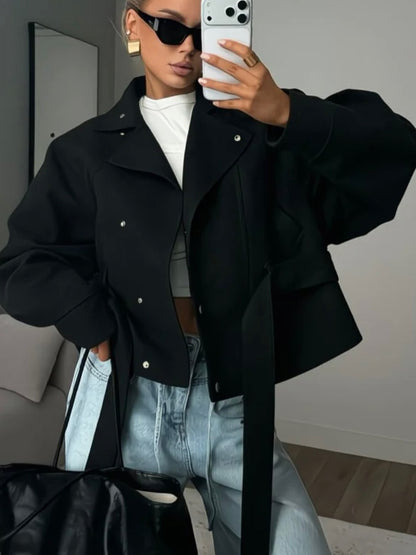 Women's Belted Cropped Jacket Stand Collar Trench Coat