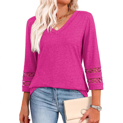 Women's V Neck 3/4 Sleeve Crochet Trim Loose Casual Blouse