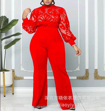 Women Long Sleeve Lace Wide Leg Jumpsuit Elegant