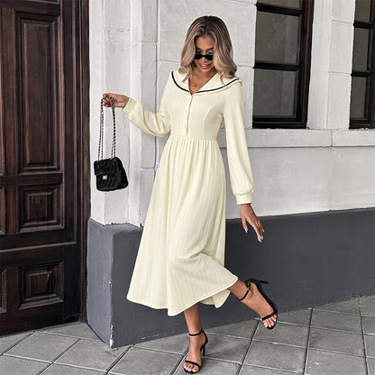 Solid Contrast Trim Sailor Collar Button Midi Dress