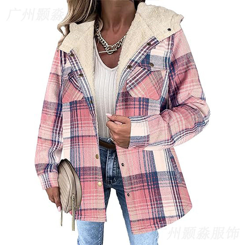 Women's Plaid Hooded Fleece Lined Shacket with Pockets