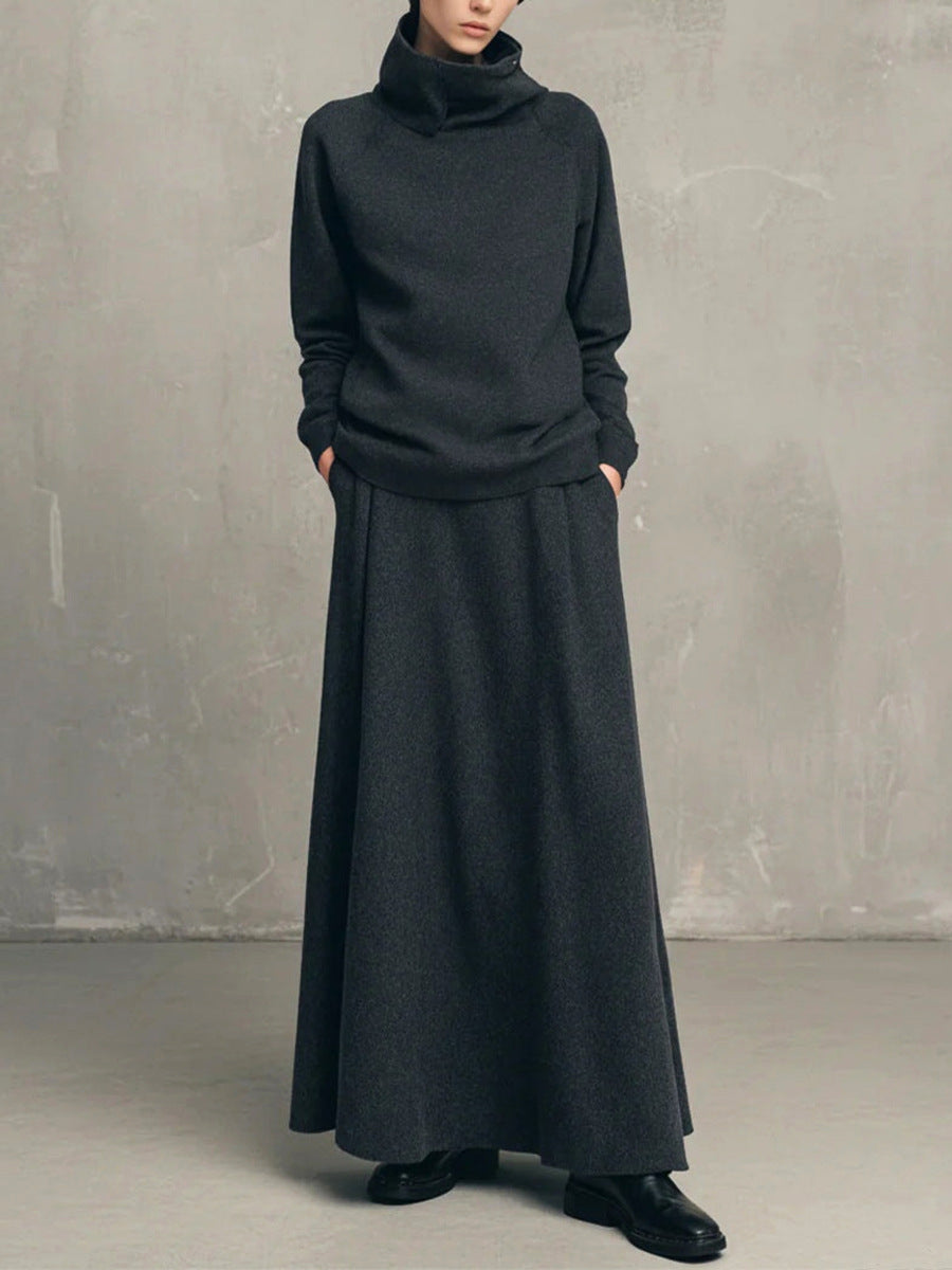 Womens Fleece Turtleneck Sweatshirt Maxi Skirt Set