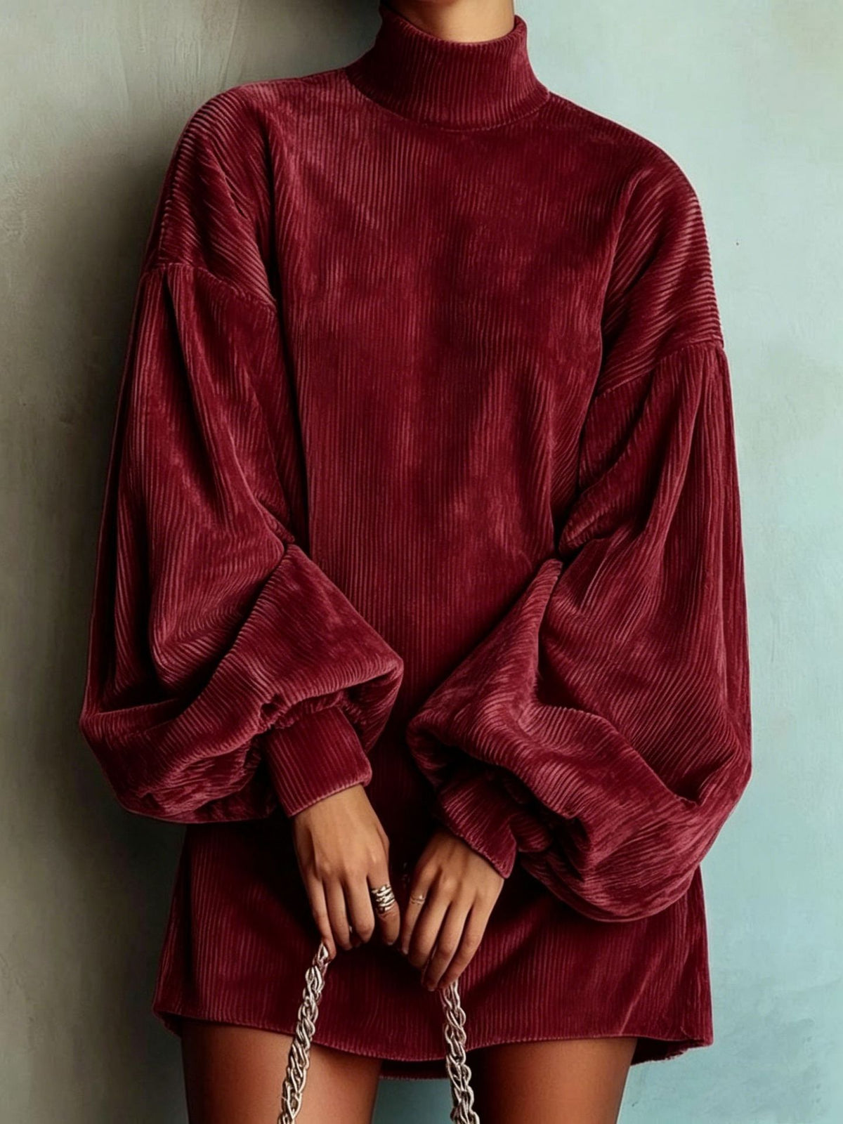 Women's Mock Neck Balloon Sleeve Mini Dress