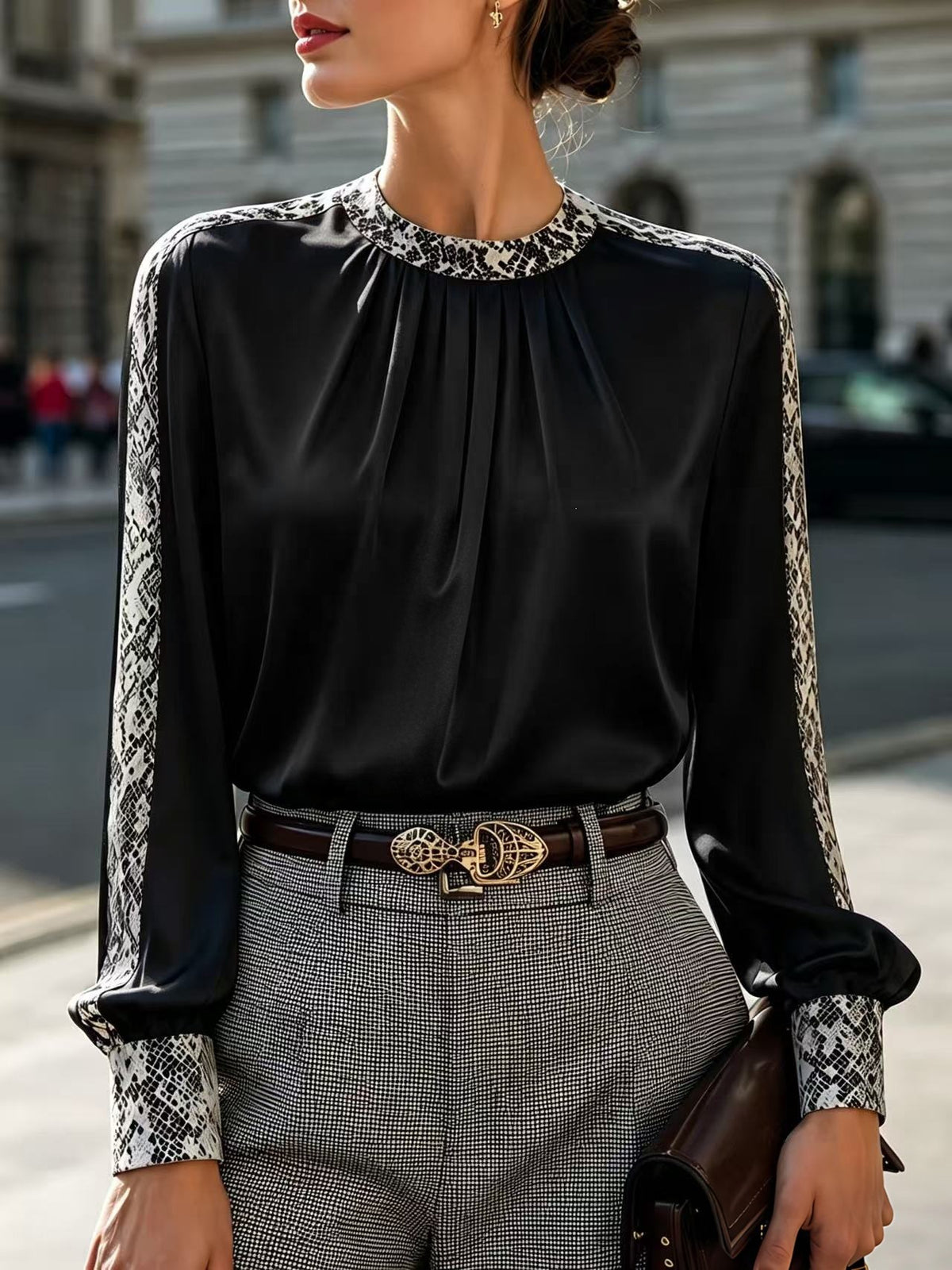 Satin Snake Print Panel Puff Sleeve Blouse