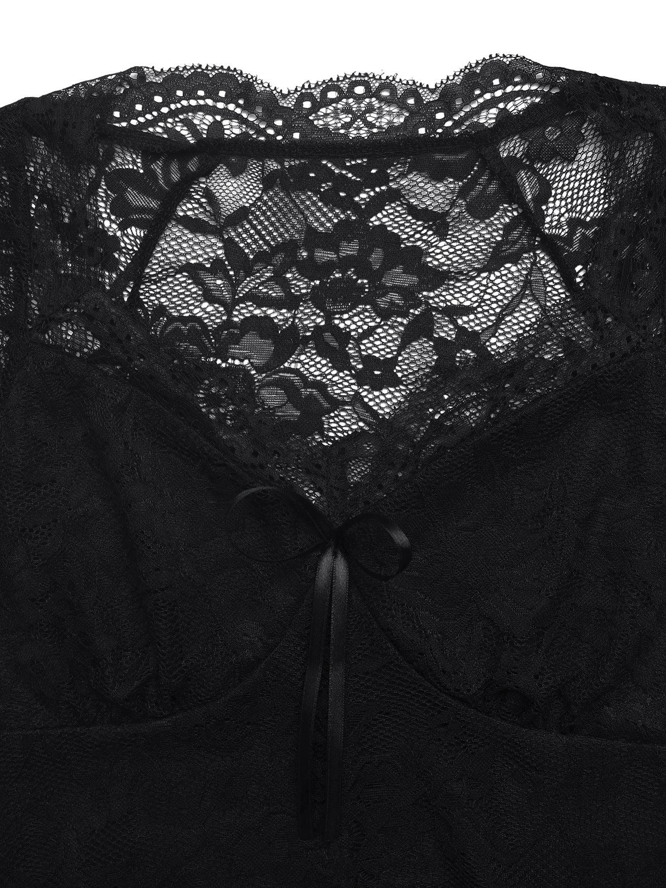 Black Lace V Neck Bow Front Fitted Short Sleeve Top