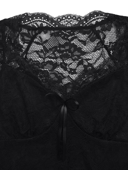Black Lace V Neck Bow Front Fitted Short Sleeve Top