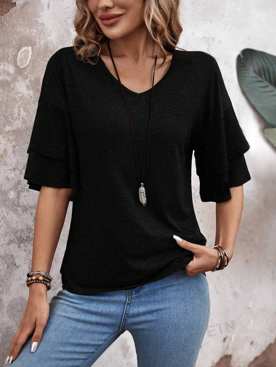 Customizable  Women's V-Neck Flutter Sleeve Top – Casual Summer T-Shirt