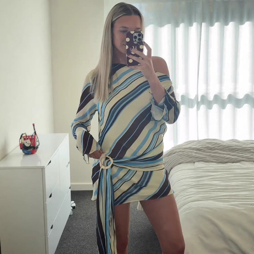 One Shoulder Striped Mini Dress Tie Waist Bodycon