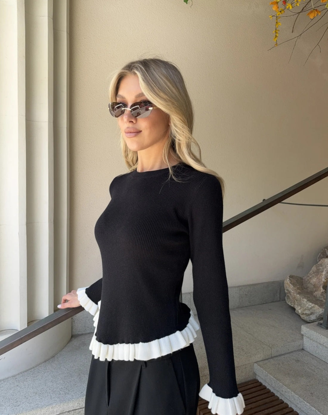 Ruffle Trim Crew Neck Ribbed Knit Sweater