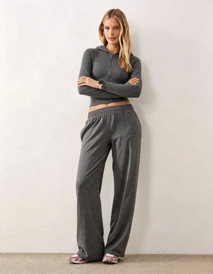 Women's Cropped Zip Hoodie & Wide Leg Pants Lounge Set