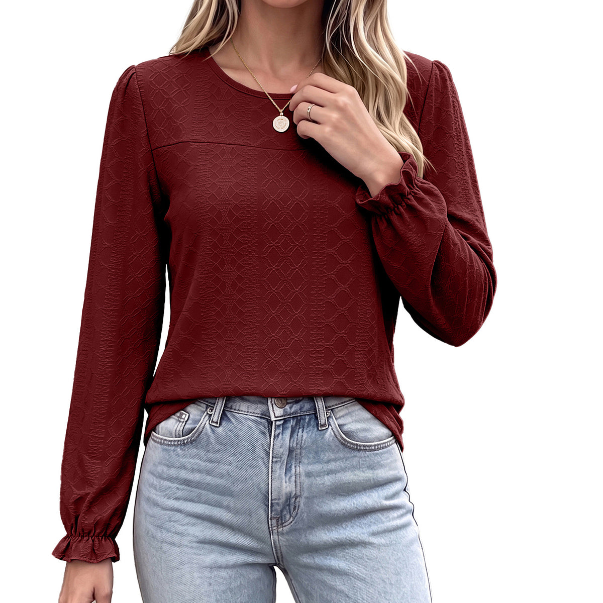 Women's Long Sleeve Round Neck Casual Textured Blouse