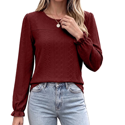 Women's Long Sleeve Round Neck Casual Textured Blouse