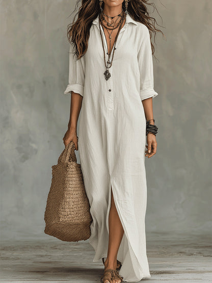 Women's Casual Collared Maxi Shirt Dress Front Slit