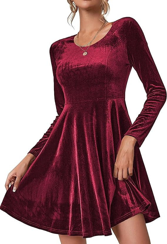 Women's Velvet Fit and Flare Long Sleeve Mini Dress