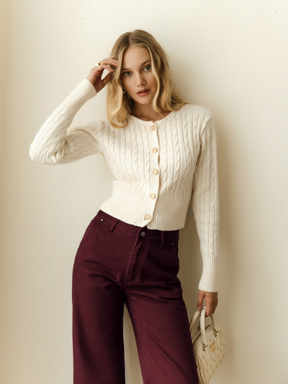 Women's Cable Knit Button Front Cropped Cardigan Sweater