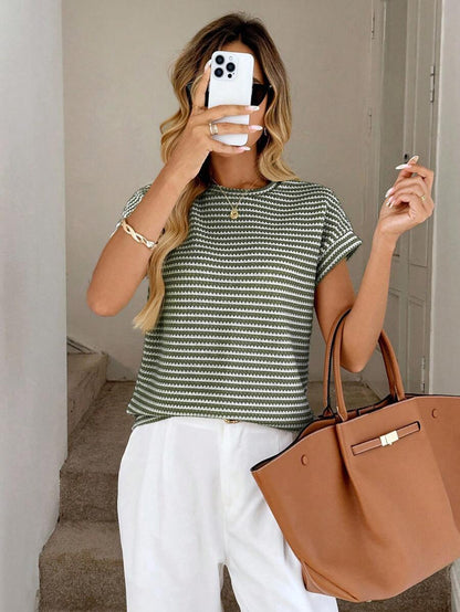 Striped Knit Sweater Crew Neck Short Sleeve Top