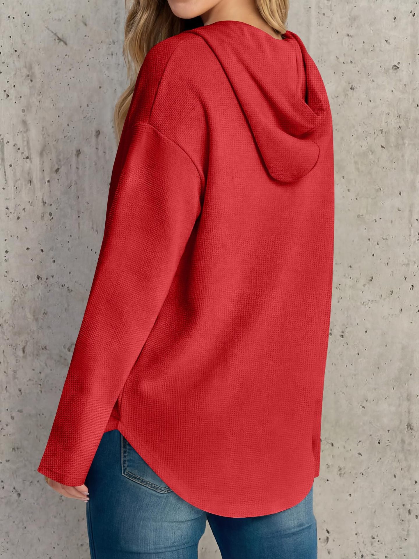 Waffle Knit Hoodie Henley Long Sleeve Casual Top