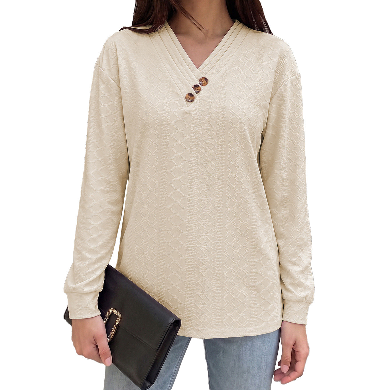 Women's Casual V-Neck Button Long Sleeve Loose Tunic Top
